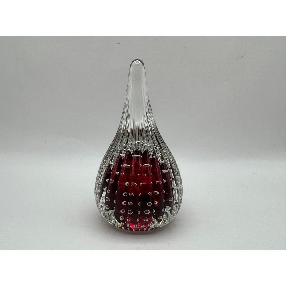 Art Glass Paperweight Teardrop Cranberry Red Controlled Bubble Ribbed Joe Rice